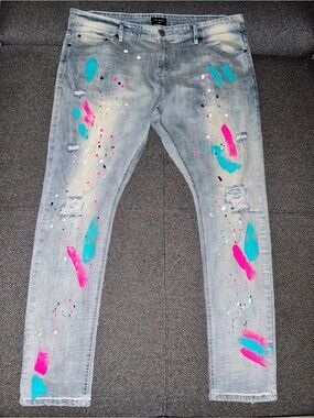 CPTL Light Wash Painted Distressed Skinny Jeans - Pink & Teal Paint Splatter